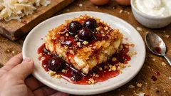 Patsavouropita alle visciole: torta di pasta fillo sciroppata con crema al semolino