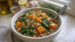 Grano saraceno tiepido d’inverno con zucca, spinacini e acciuga: la ciotola che scalda