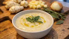 Crema di topinambur e patate: vellutata setosa in una pentola, con salvia e rosmarino